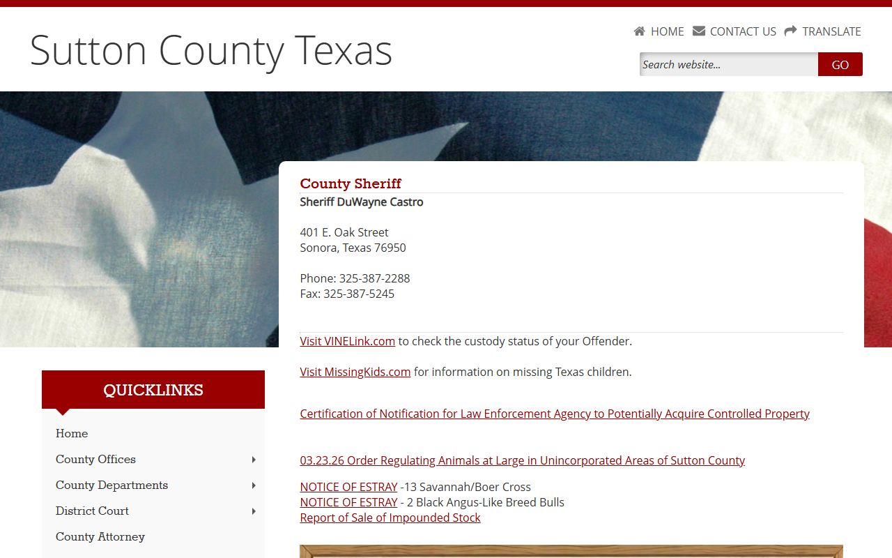 Sutton County Sheriff page with jail custody contact and VINELink reference