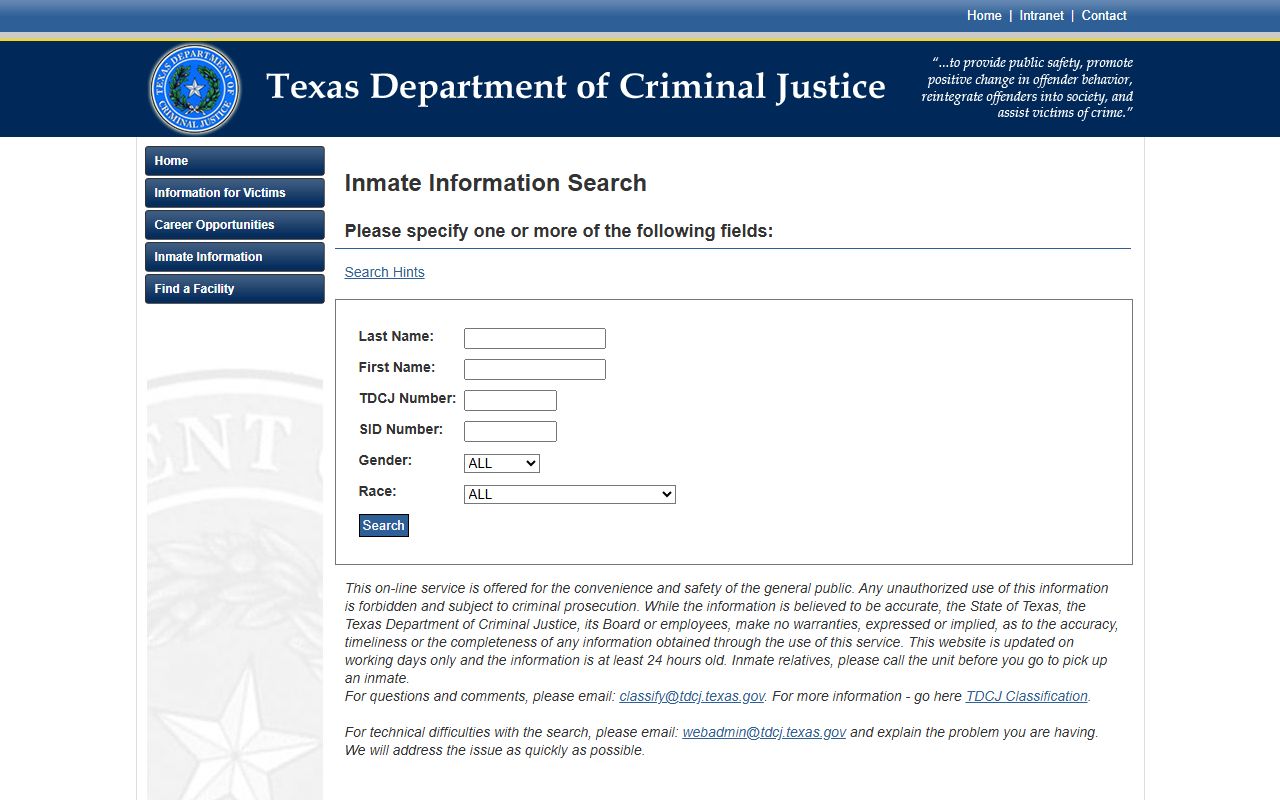 TDCJ inmate search for sentenced prisoners from Sutton County cases